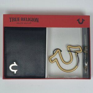 True Religion Men's Genuine Leather Bifold Wallet With Logo And Carabiner
